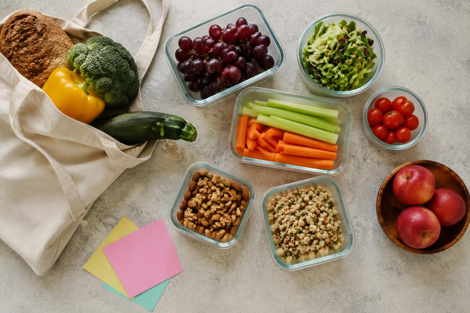 Recipientes, sacola de compras, frutas e legumes organizados sobre uma bancada.
