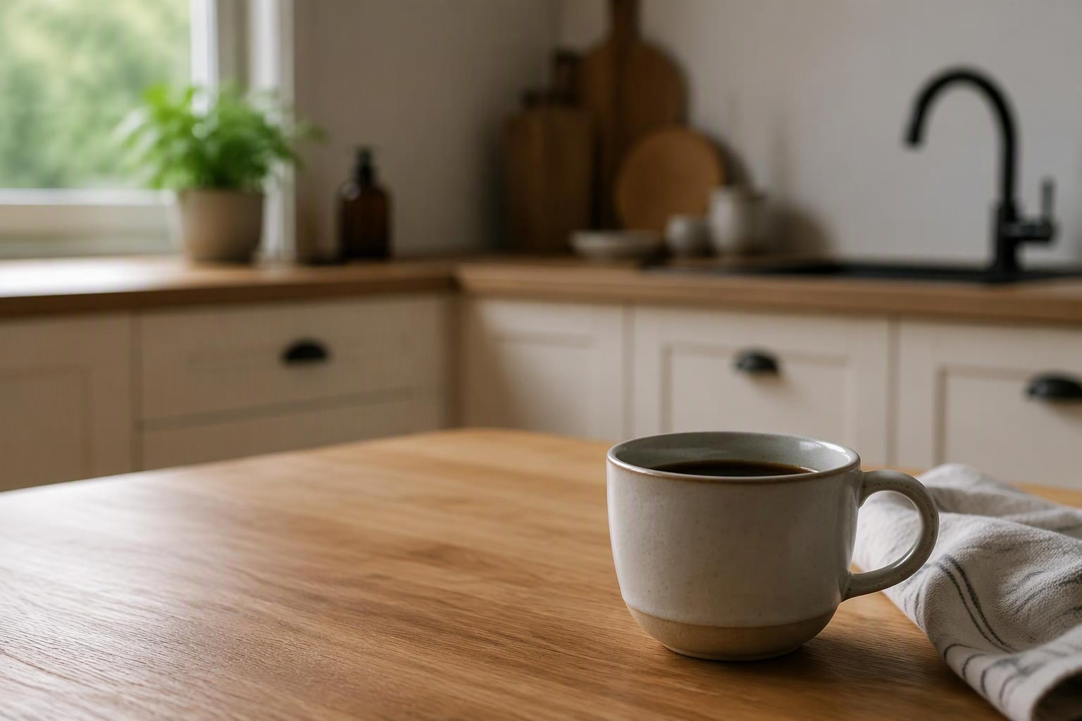Xícara de café sobre uma mesa em uma cozinha com luz natural.