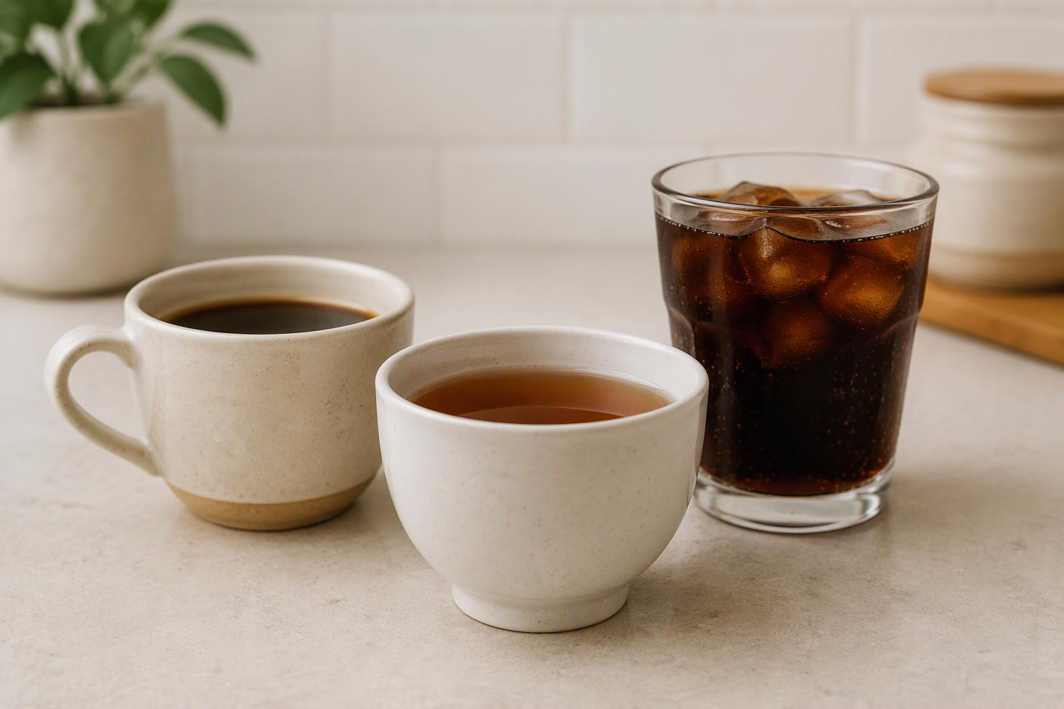 Café, chá e refrigerante escuro em recipientes sem identificação sobre uma mesa.